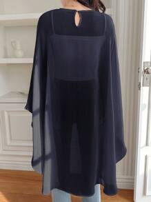 DAZY 雪纺衬衫，女式春夏纯色轻薄套头衫不对称衬衫透视 - 藏蓝色 - 查看 2