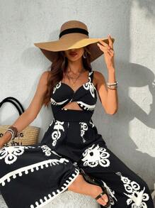 SHEIN VCAY Mono holgado con estampado floral sin mangas, estilo vacacional para mujeres
