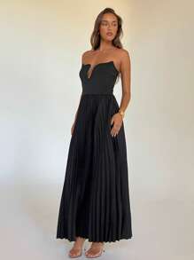 Aloruh 女士优雅派对/节日/休闲通勤镂空腰部荷叶边褶皱连衣裙 - 黑色 - 查看 4