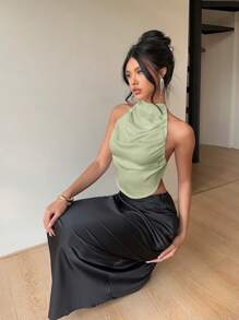 Aloruh Áo hai dây hở lưng gợi cảm bằng vải satin dành cho nữ - Màu xanh Bạc hà - Xem 1