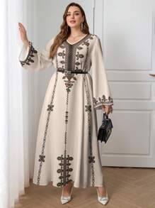 Al Najma Plus Size Arabian Dress: Elegant Woven Fabric Maxi Dress With V Neck And Long Sleeves, Featuring Embroidery And A Flared Hem, Perfect For Modest Style Fall Clothes Winter Clothes Chic Dress - White - View 5