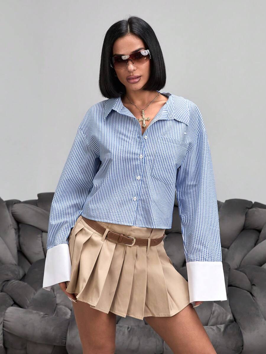 EURMUSE Striped Print Drop Shoulder Pocket Patched Shirt - Blue - View 1