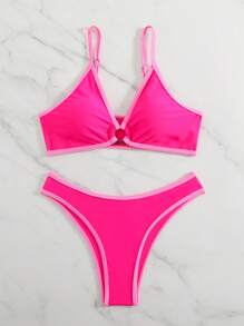 SHEIN Swim Summer Holiday Beach Strap Detail Hollow Circle Trimmed Spaghetti Strap Bikini Set - Pink - View 3