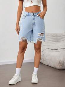 SHEIN Tall 女士牛仔短裤休闲修身破洞短裤，蓝色女士短裤短款牛仔裤牛仔短裤破洞百慕大宽松破洞牛仔裤夏装百慕大 - 淺色水洗藍 - 查看 6