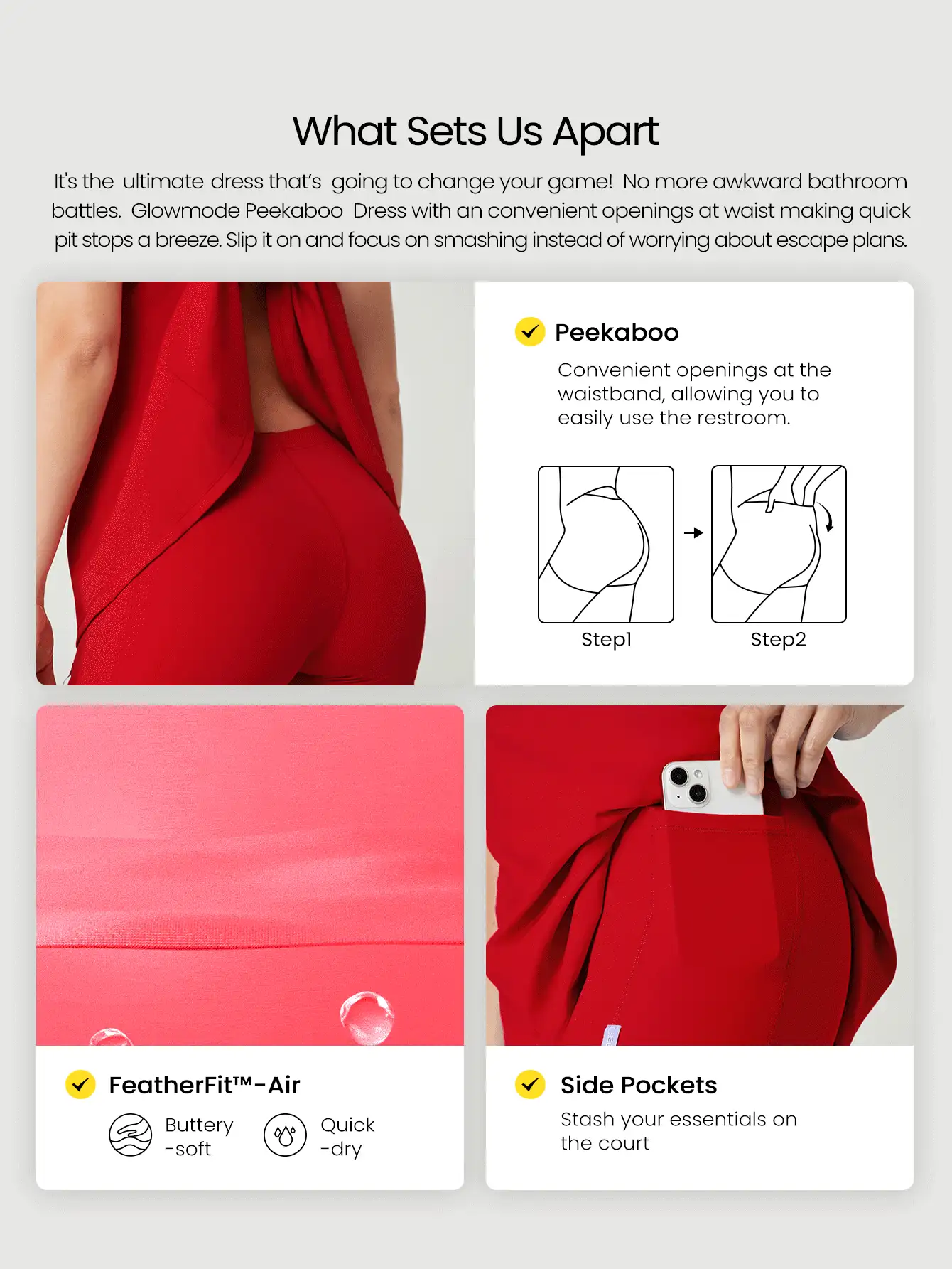 GLOWMODE FeatherFit™-Air Elevate Vestido Mini Evasê com Bolso Tipo Espiã de Baixo Impacto Diário de Verão, Secagem Rápida e Absorção de Umidade - Fiery Red - Visão 2