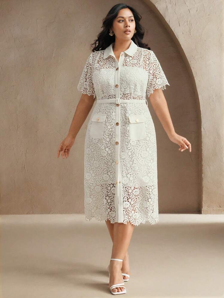 Plus Size Women Water-Soluble Lace Trim Fashionable Mid-Length Short Sleeve Dress, Elegant Spring/Summer Outfits, Festival Outfits, Vacation