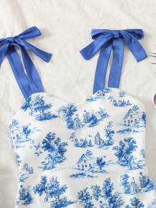 Tween Girls Casual Blue Floral Print Jumpsuit With Bow Strap Accent, Suitable For Beach Vacation - Blue - View 3