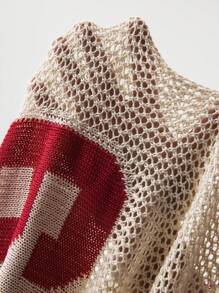 Swim EVENT Women Oversized Striped & Number Printed Star Pattern Knit Cover Up, Vintage Color Contrast V-Neck Hollow Mesh Cover Up For Beach For Summer Beach Vacation - Apricot - View 6