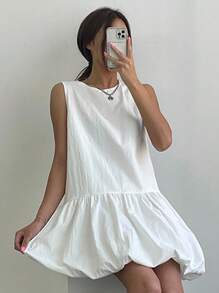 DAZY Women Short Ruffles Bubble Sleeveless Dress Sundress - White - View 1