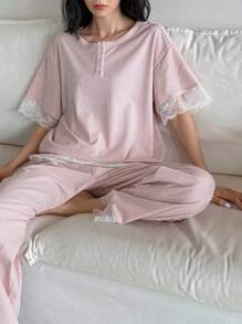 2pcs Striped Loose Short Sleeve Women Pajama Set - Pink - View 5