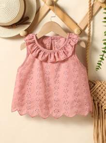 SHEIN Young Girls Tank Tops & Camis Spring And Summer Wildeya New Styles, Casual Country Style Embroidered Floral Ruffle Collar Apricot Blouse, Suitable For Outdoor Activities And Daily Wear - Dusty Pink - View 1