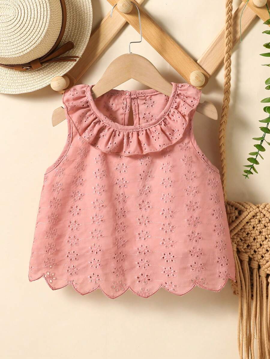 SHEIN Young Girls Tank Tops & Camis Spring And Summer Wildeya New Styles, Casual Country Style Embroidered Floral Ruffle Collar Apricot Blouse, Suitable For Outdoor Activities And Daily Wear - Dusty Pink - View 1