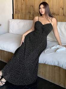 Dazy Plus Chiffon Polka Dot Spaghetti Strap Long Elegant Dress - Black - View 1