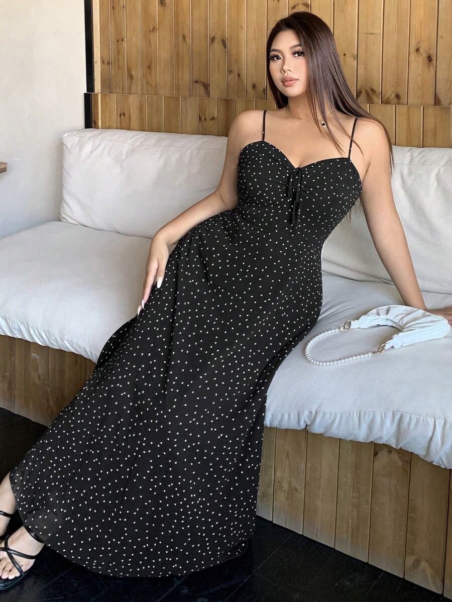 Dazy Plus Chiffon Polka Dot Spaghetti Strap Long Elegant Dress - Black - View 1