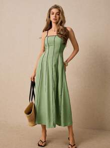 Poéselle Women's Mint Green Casual Maxi Dress: Sleeveless Spaghetti Strap Woven Fabric Flared Hem Long Dress With Contrast Stitch Detail - Mint Green - View 4