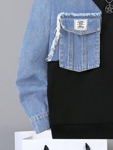 SHEIN 2pcs/Set Tween Boys Denim Patchwork Hoodie And Sweatpants, Fashion Street Style Denim Patchwork Outfit Fall Winter - Multicolor - View 8