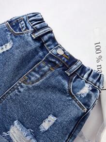SHEIN Shorts vaqueros anchos y sueltos, versátiles y desgastados con dobladillo para niñas