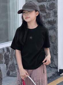 DAZY Tween Girls Solid Color Short Sleeve Round Neck T-Shirt, Minimalist And Fashionable, Suitable For Summer,Back To School Clothes - Black - View 5
