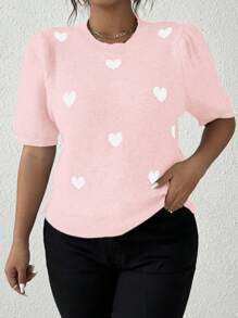 Elenzga Plus Size Women Heart Pattern Knit Crew Neck Short Sleeve Casual And Commuting Knitted Blouse - Multicolor - View 6