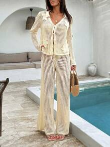 EURMUSE 女士夏季钩针海滩度假春季度假装波西米亚风纯棉白色派对太阳裙套装女式两件套沙滩装 - 米色 - 查看 4