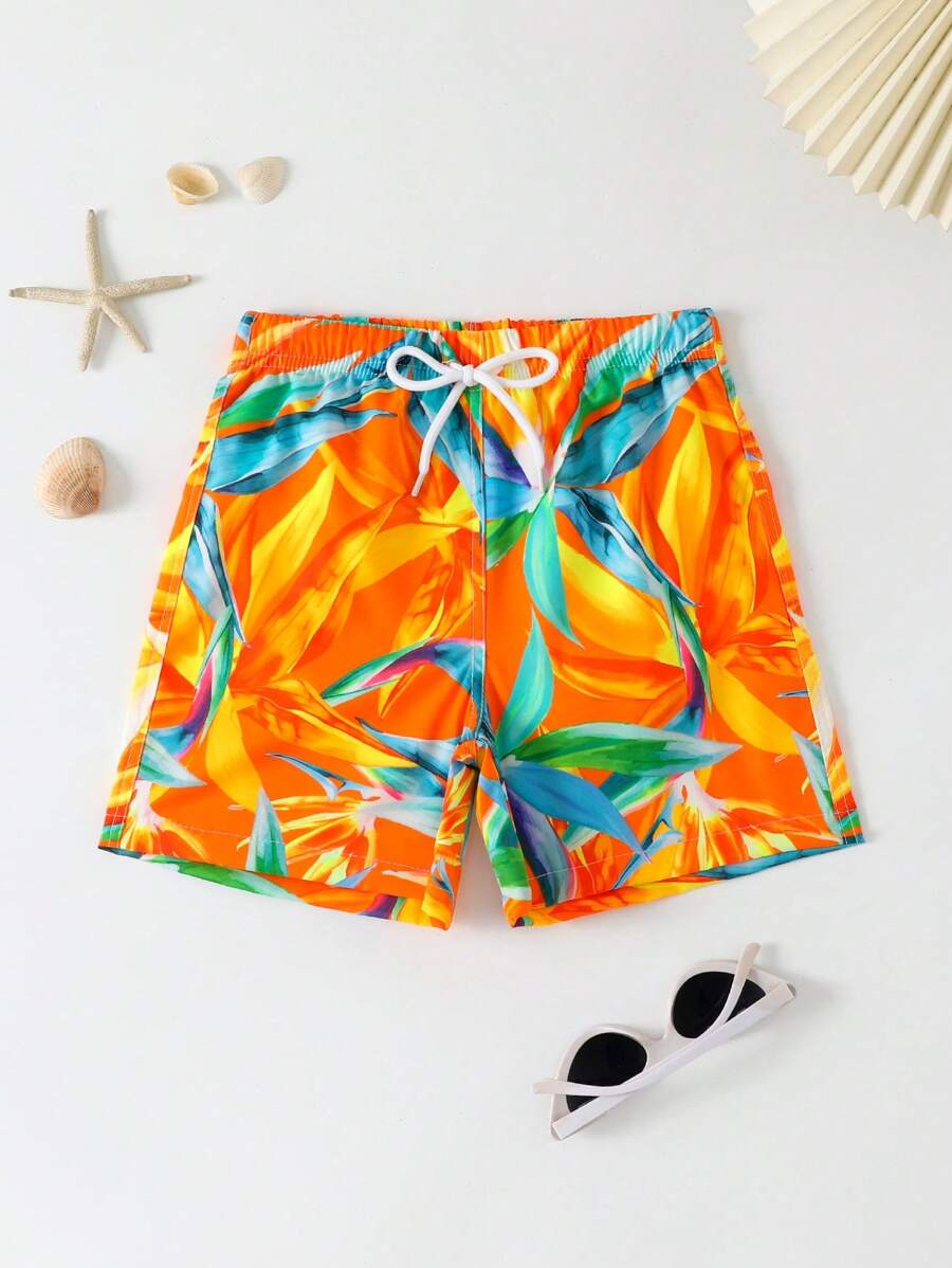 SHEIN Young Boy Casual Random Orange Print Beach Style Swimming Trunks - Orange - View 1