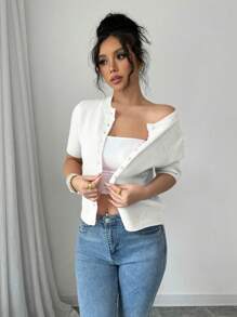 Selianne New Arrival Autumn Winter Casual Loose Pink Simple Button Knit Sweater Top, Women Short Sleeve Pullover - White - View 3