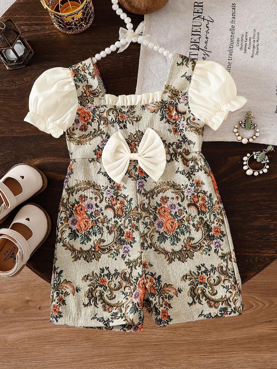 Bộ đồ liền thân tay bồng cổ chữ V họa tiết hoa cho bé gái sơ sinh, thoải mái và dễ thương khi mặc ở nhà và ngoài trời, mùa xuân/hè/thu - trái cam - Xem 1