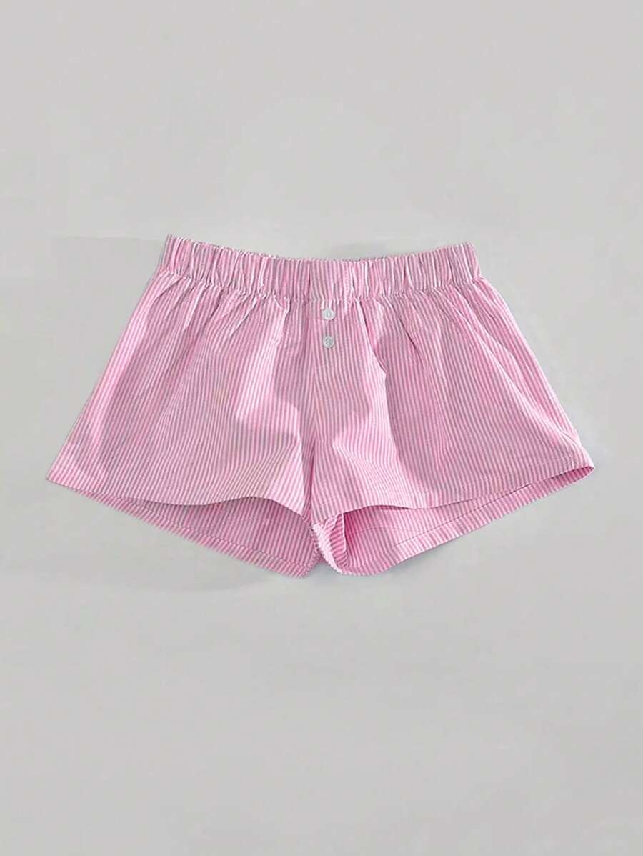 青少年女孩编织条纹印花纽扣装饰宽松休闲短裤，休闲与运动 - 玫紅色 - 查看 1