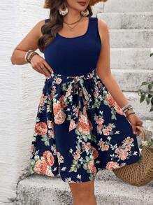 SHEIN VCAY 大码女式花卉印花休闲无袖连衣裙，适合假期穿着 - 藏蓝色 - 查看 6