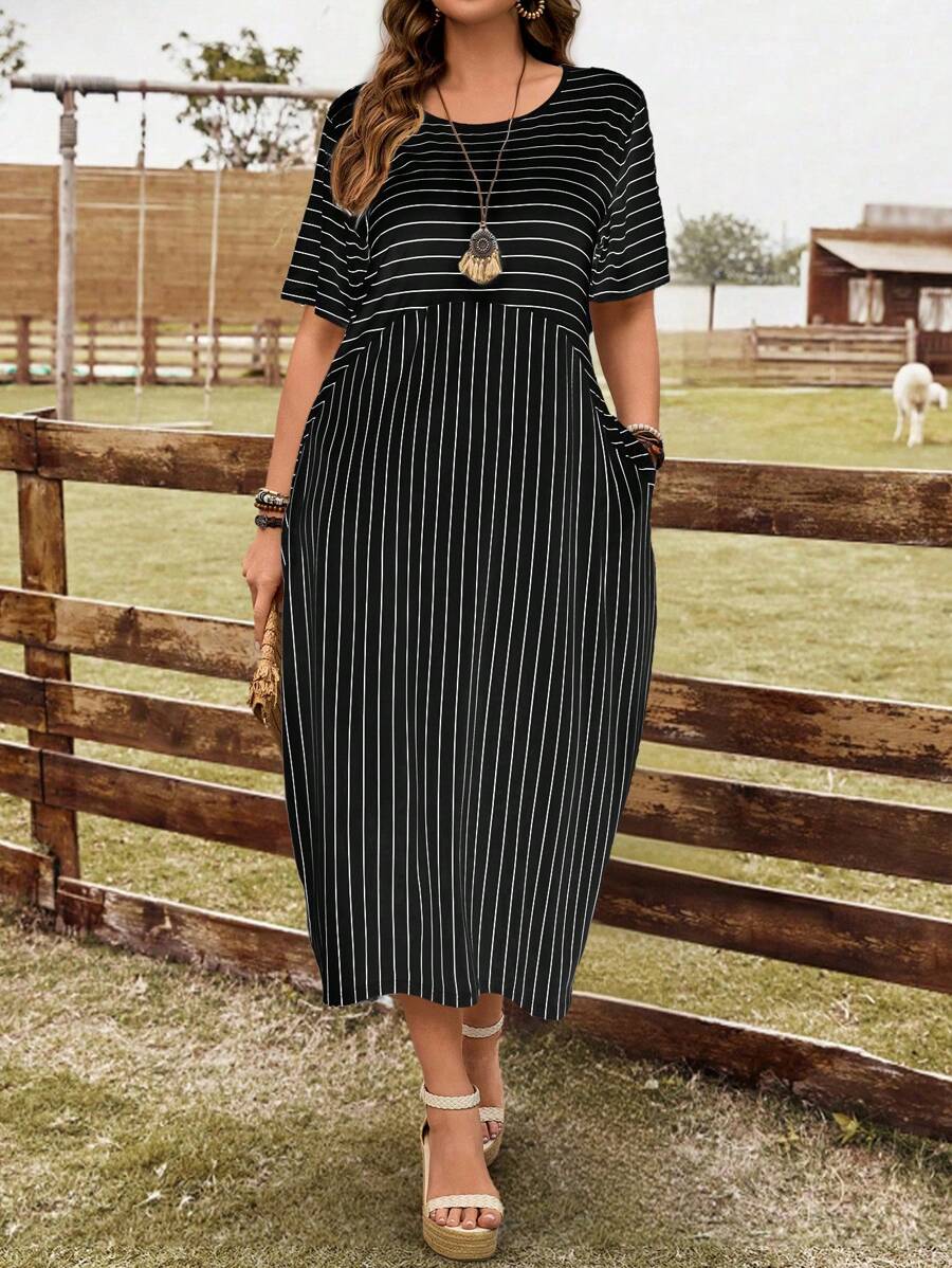 EMERY ROSE Vestido casual de verano con bolsillo y rayas para mujer de talla grande, vestimenta occidental para mujeres - Blanco y Negro - Ver 1