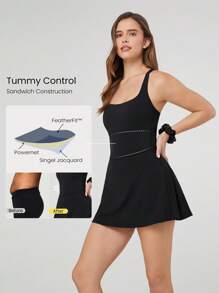GLOWMODE Quick-Dry Sweat-Wicking Built-In Cups Square-Neck Dress With Built-In Shorts Side Pockets Non-Slip Grips Tennis Golf Gym Daily Casual - Black - View 3