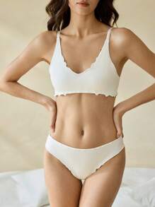 Ocili Leisure Women's Ribbed Knit Ruffled Trim Lingerie Set - White - View 3