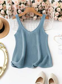 SHEIN LUNE Plus Size Solid Color Knit Camisole, Minimalist And Fashionable, Suitable For Summer - Baby Blue - View 1