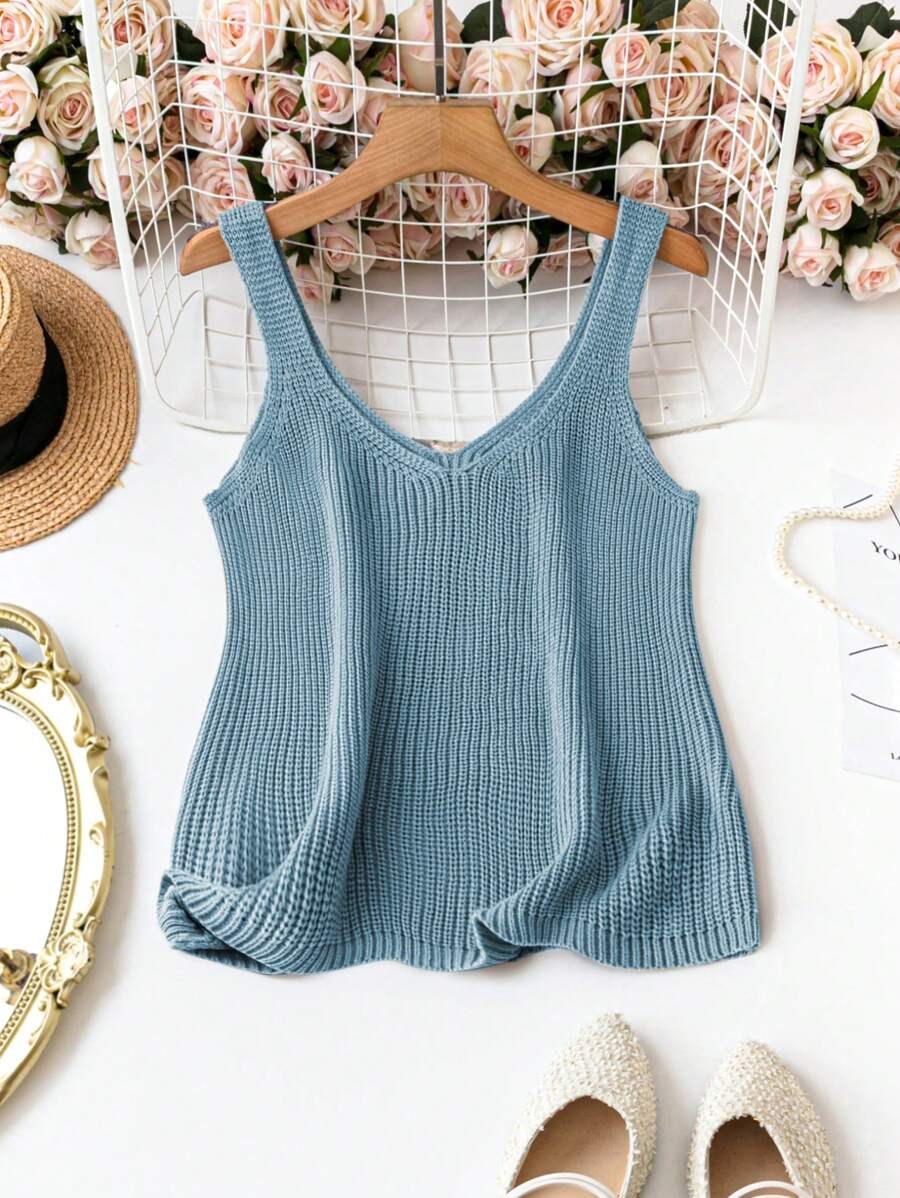 SHEIN LUNE Plus Size Solid Color Knit Camisole, Minimalist And Fashionable, Suitable For Summer - Baby Blue - View 1
