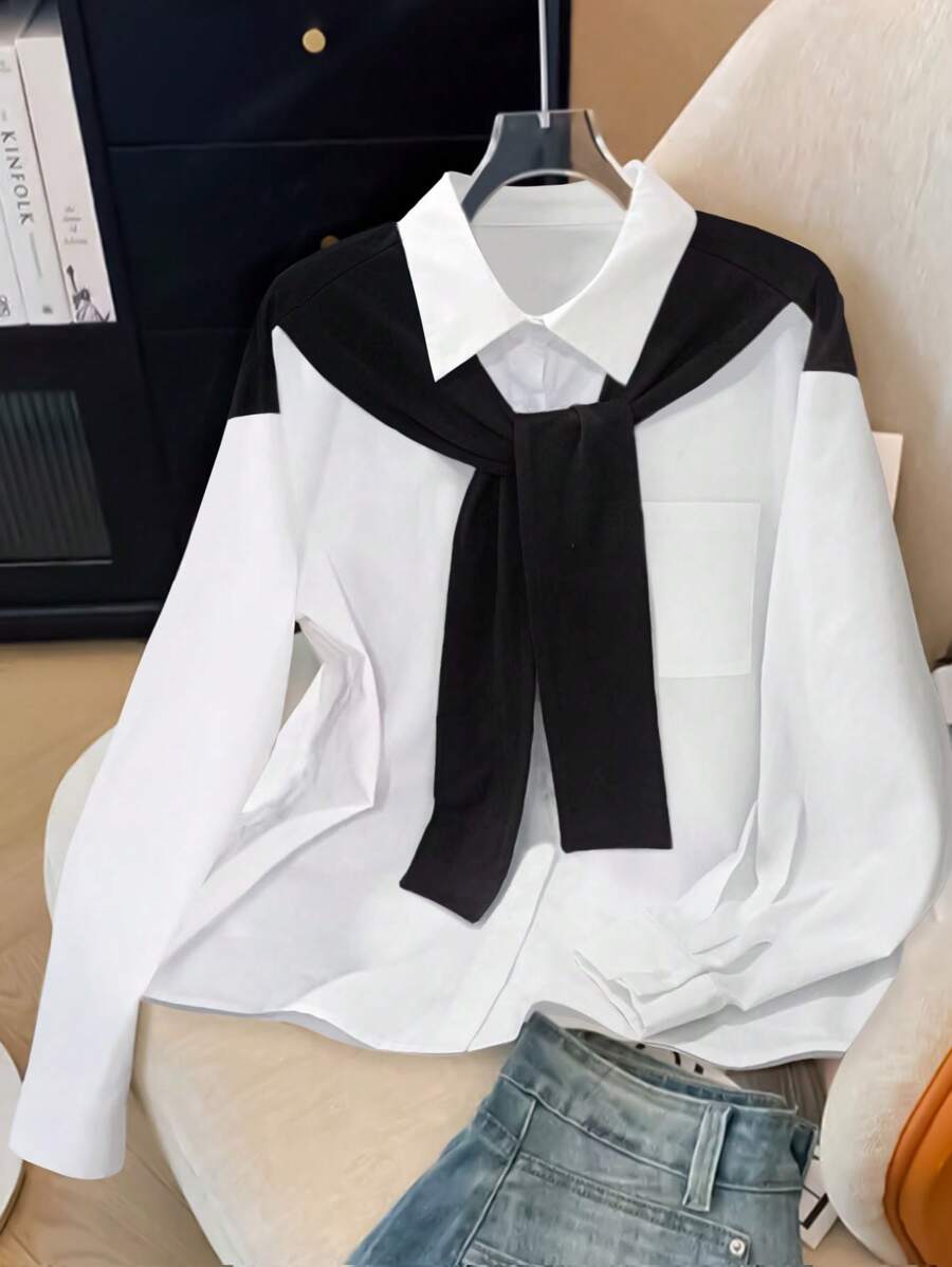 Airaco 女士时尚休闲日常装撞色衬衫 - 白色 - 查看 1