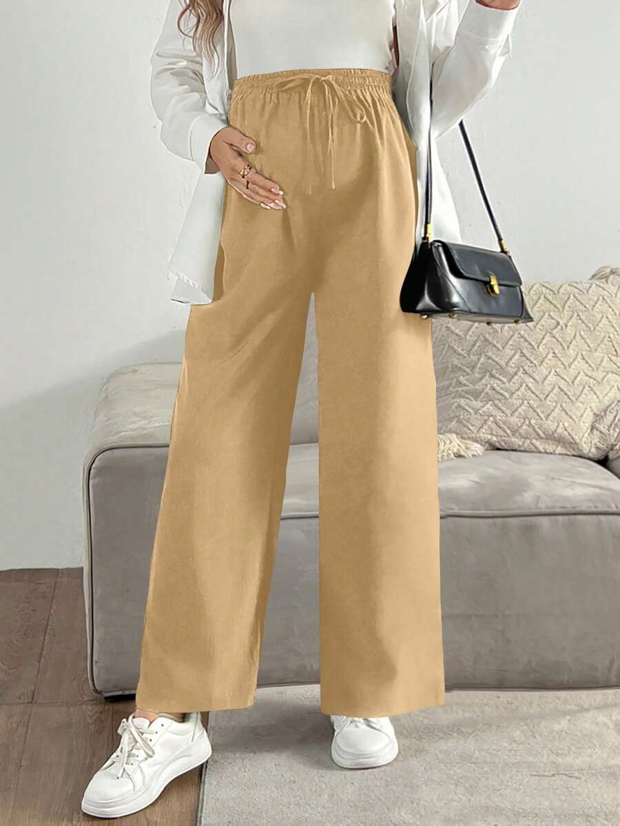 SHEIN Loose Fit Solid Color Straight Leg Casual Elastic Waist Women Pants - Khaki - View 1