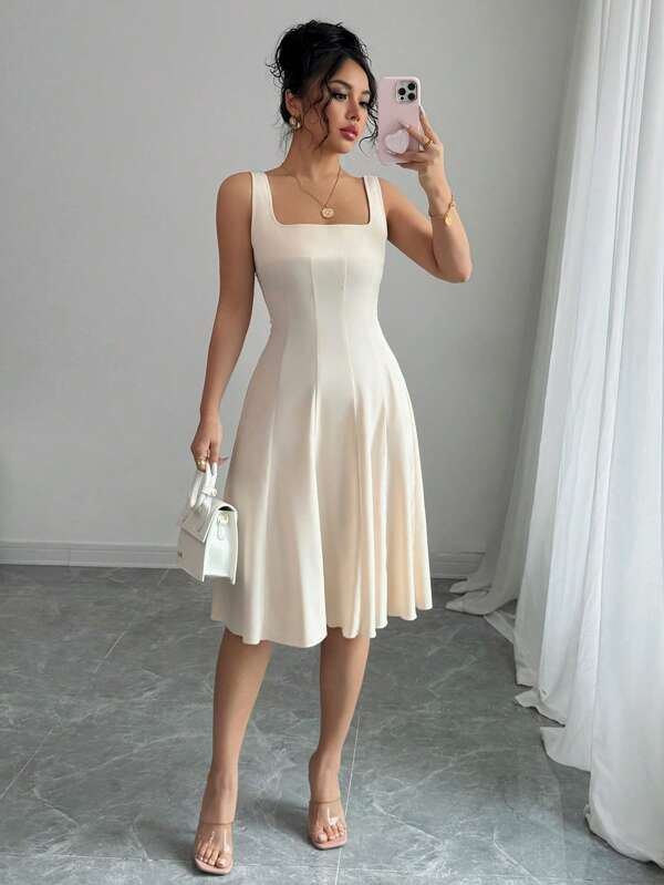 Gloray Waist Gathered Satin Shiny Elegant Spaghetti Strap Dress