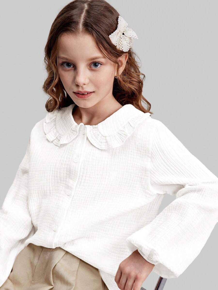 Ontre Tween Girls' Loose Peter Pan Collar Soft Comfortable Casual Shirt For Outing, Home, School, Fashion Versatile Top, Spring/Summer - White - View 1