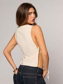 SHEIN BAE Summer Simple Fashion Street Ladies Apricot Cream Basic Side Strap Top,Sommer Top,Blusa Preta,Blusa Social,Spring Tops,Basic Tops,Vacation Outfits Women,Casual Top,Linen Top, - Black - View 2