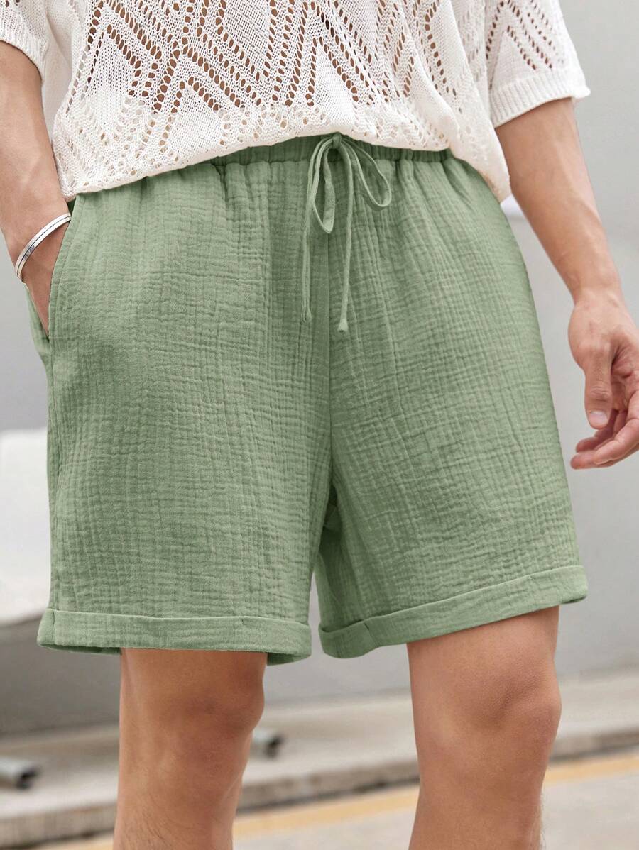 Manfinity RelaxMax Pantalones cortos de verano de tiro con cordón, sólidos, holgados y de pierna ancha - Verde - Ver 1