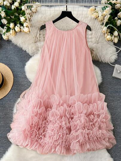 Rometta 大码女式优雅宽松飘逸网眼泡泡袖无袖迷你连衣裙，春夏度假装