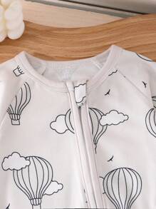 Infant/Toddler Boys' Minimalist Hot Air Balloon Print Long Sleeve Jumpsuit, Comfortable Stretch, Contrast Color Trim, Spring/Summer/Autumn/Winter - Beige - View 4