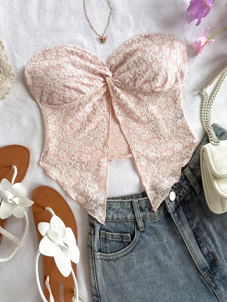 Soleia 性感休闲扭结花卉提花针织女式衬衫 - 淺粉色 - 查看 1