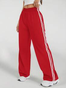 SHEIN PETITE Women Elastic Waist Side Stripe Wide Leg Loose Casual Sweatpants Graduation,Back To School Outfits,Graduation,Teacher Outfits For Women,Back To School