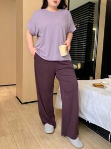 Dazy Plus Plus Size Women Solid Color Round Neck Loose Short Sleeve Top & Pants Pajama Set, Loungewear For All Seasons, Purple Pajama, Outfits - Purple - View 4
