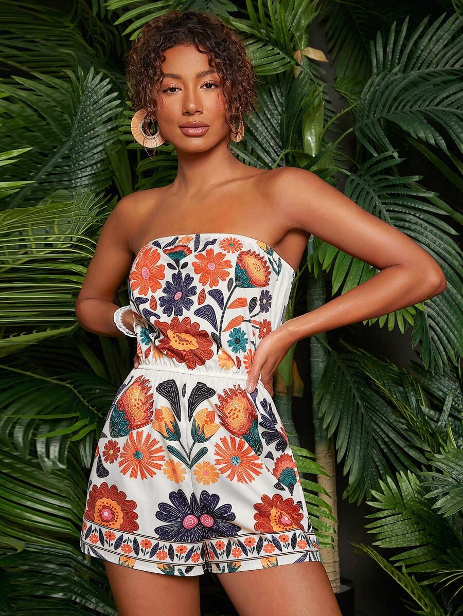 Travachic Women's Vacation Woven Floral Print Bandeau Romper,Summer Outfits For Women,Beachwear,Easter,Beach Outfits For Woman,Spring Break,Vacation Outfits Women,Concert Outfit Women,BOHO,Music Festival,Tropical Vacation Woman Clothes - White - View 1