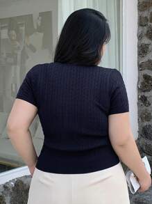 Dazy Plus Embroidery Pattern V-Neck Slim Fit Short Sleeve Knit Sweater - Navy Blue - View 7