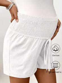 SHEIN 波西米亚风孕妇亚麻休闲短裤，纯色时尚适合夏季 - 白色 - 查看 5