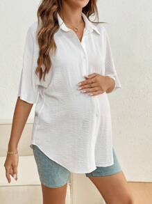 SHEIN Maternity Casual White Woven Fabric Blouse: Half Sleeve, Collared Neckline, And Asymmetrical Hem For Everyday Comfort