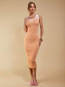 COSMINA Women's Casual Orange Midi Sweater Dress: Sleeveless Scoop Neck Rib-Knit Striped Knitwear Pencil Dress